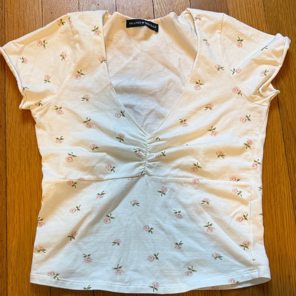 Brandy Melville Cream Floral Ruched Top